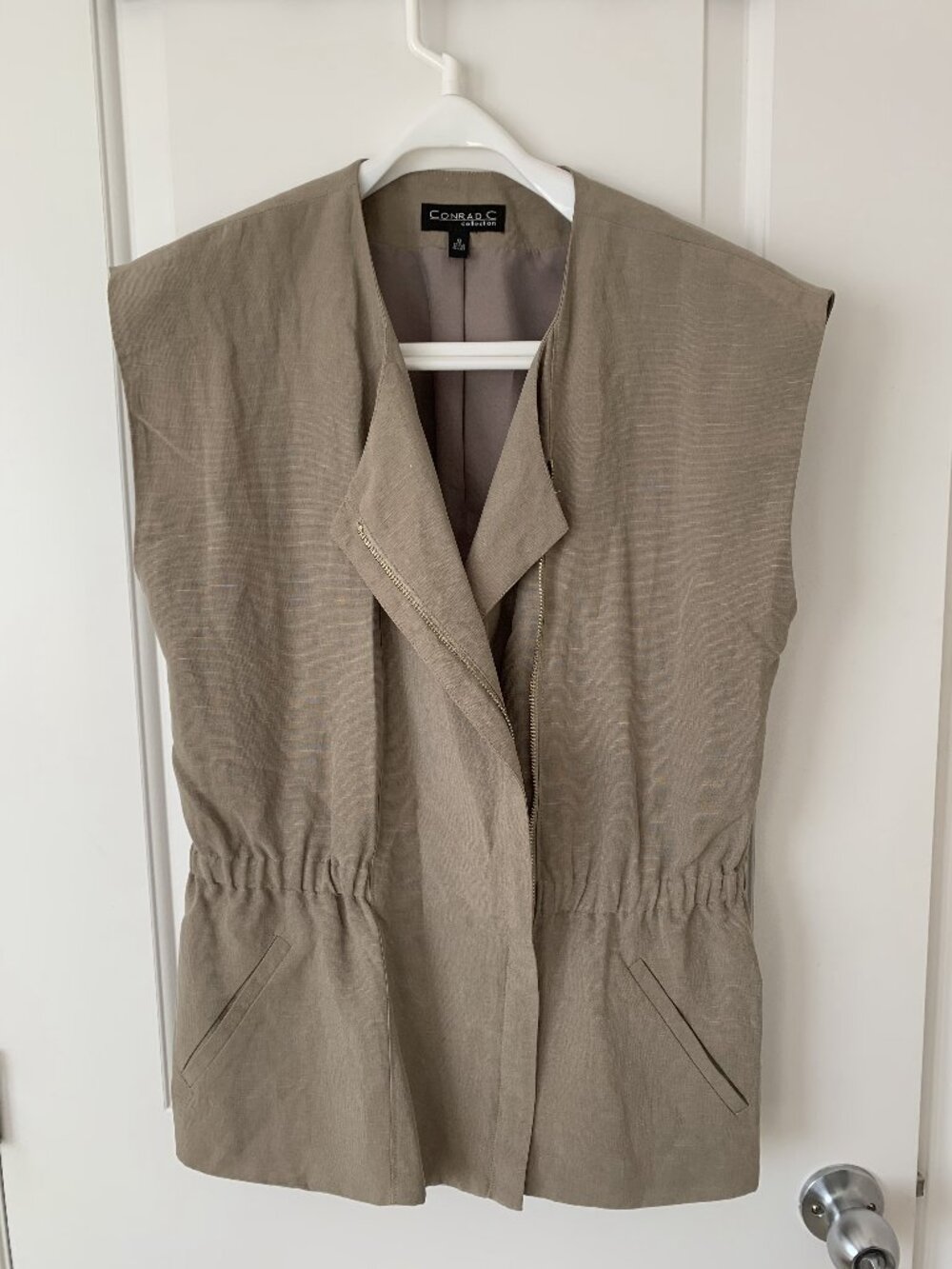 Conrad C Collection Taupe Asymmetric Zip Sleeveless Vest Jacket - Size 8